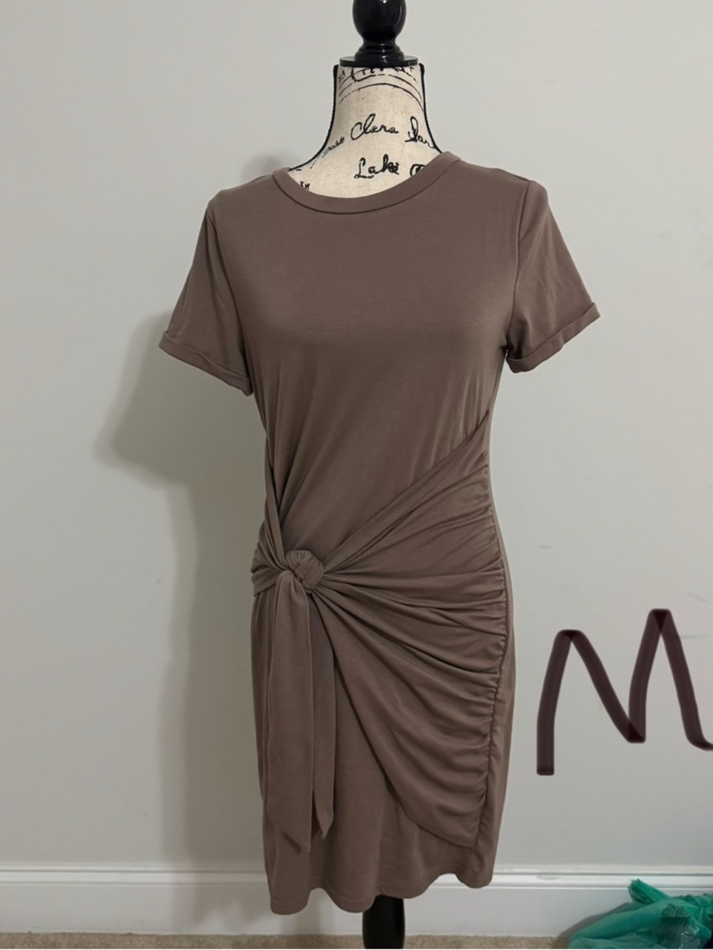 Knot-Detail Short Sleeve Dress in Taupe